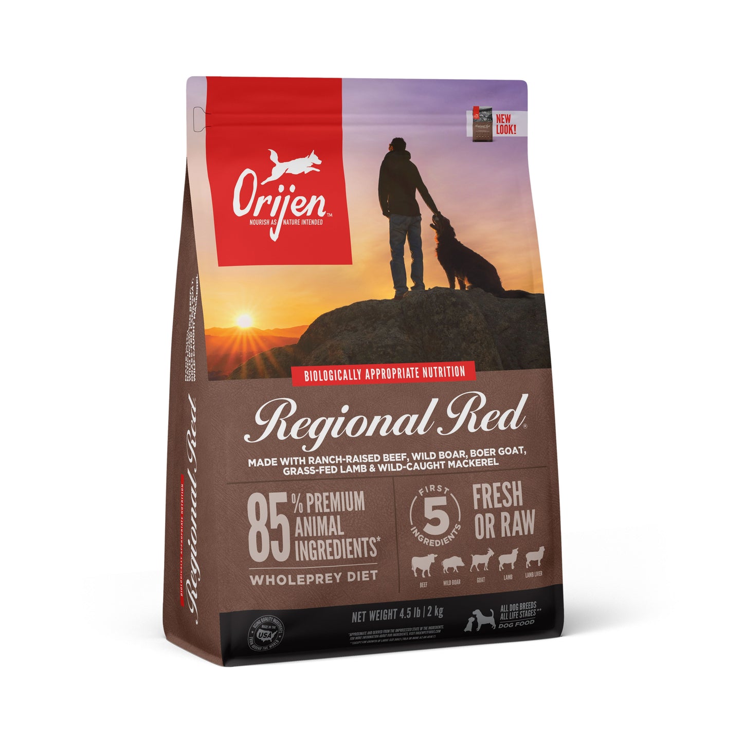 Orijen Regional Red Beef, Wild Board, Boer Goat, Lamb & Wild Caught Mackerel 4.5lbs For Dogs